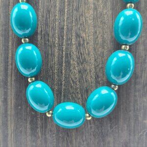 90's Monet Graduated Teal Beaded Necklace Gold Tone Spacers Knotted Single VTG